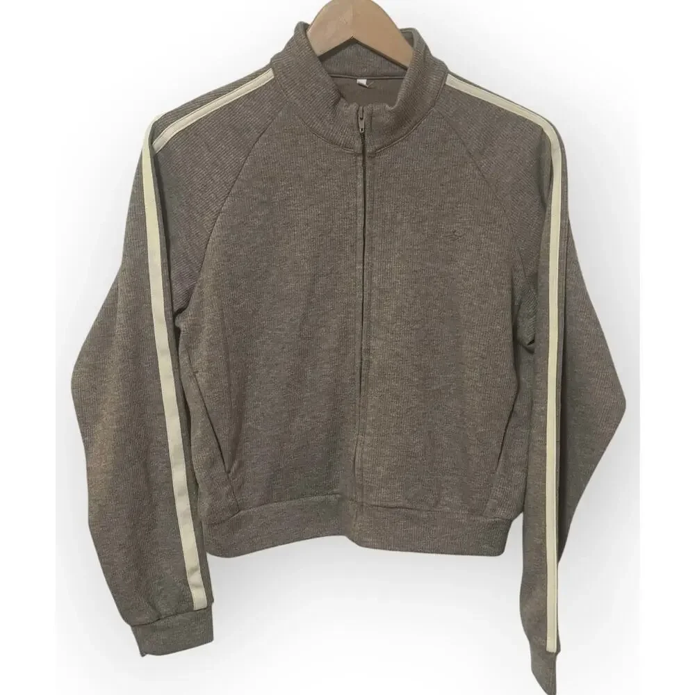Halara Ribbed Stand Collar Zip Track Jacket Brown Stripe Medium